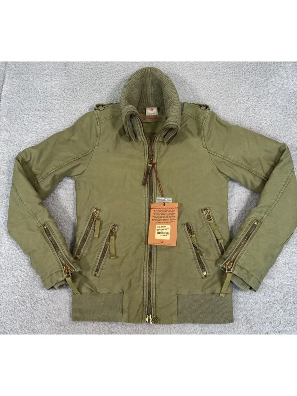 True Religion Military Green Bomber Funnel Knit Jacket Womens XS Stylish Casual - Picture 2 of 16